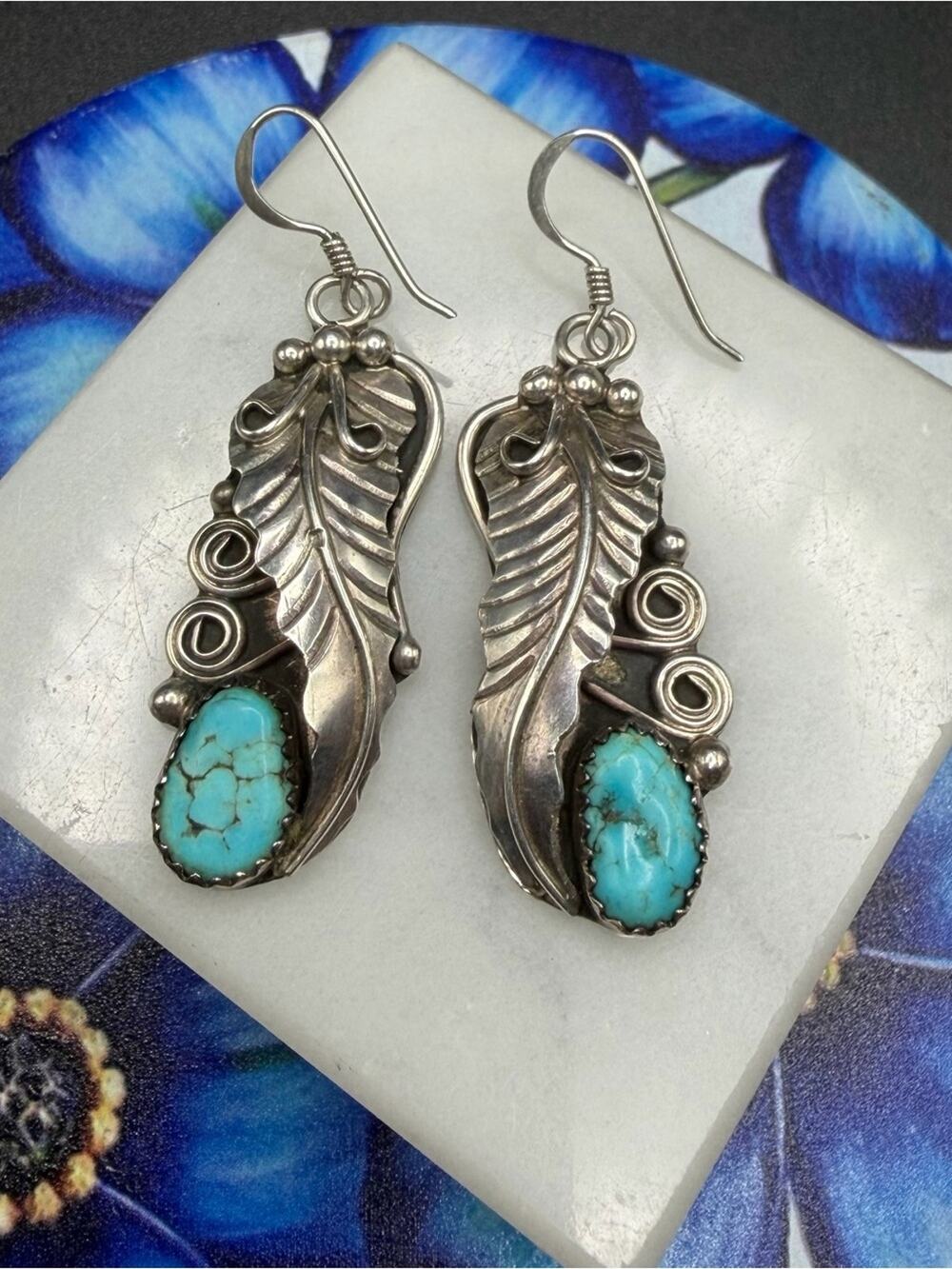 925 Sterling Silver Turquoise Earrings Native American #S42 Feather signed H